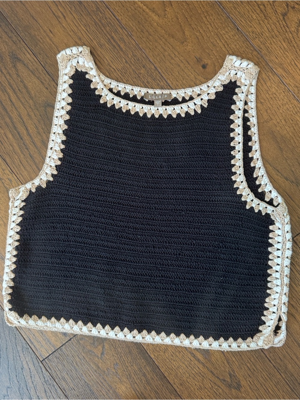 Lilla P Black Tank Top with Cream Crochet Trim